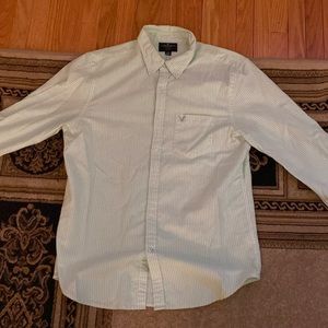 American Eagle green and white striped casual dress shirt size large slim fit